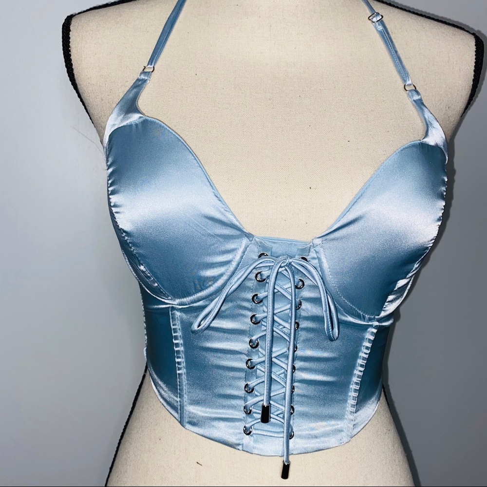 NEW Baby Blue Satin Lace Up Padded Cropped Corset - Picture 9 of 14